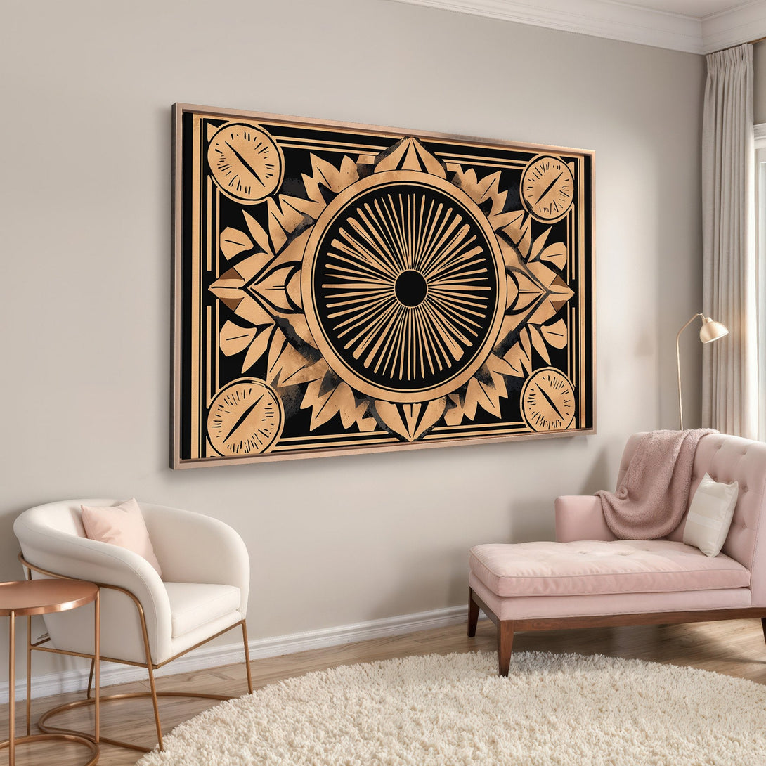 Framed Wall Art: Geometric black and gold design. Modern art print with Art Deco style. Adds elegance to any interior.
