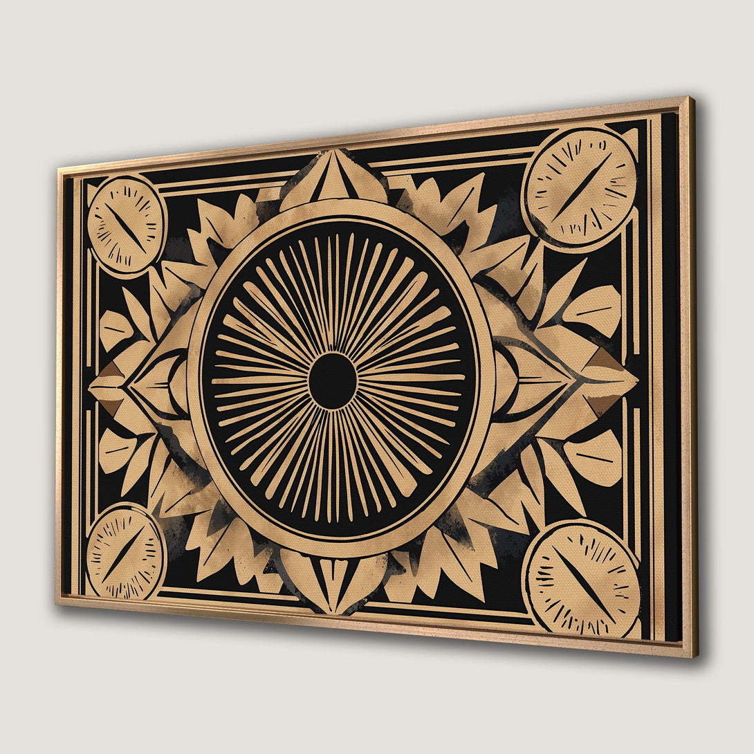 Framed Wall Art featuring an Art Deco design in black and gold. Elevate your space with this stylish Canvas Print. Perfect for adding a touch of elegance!