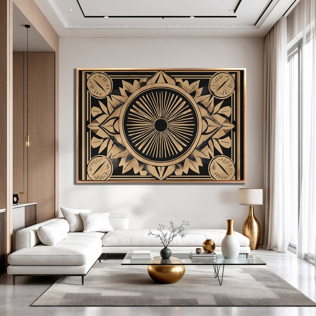 Framed Wall Art: Geometric black and gold design canvas print in a modern interior. Adds a touch of luxury with its elegant color palette.