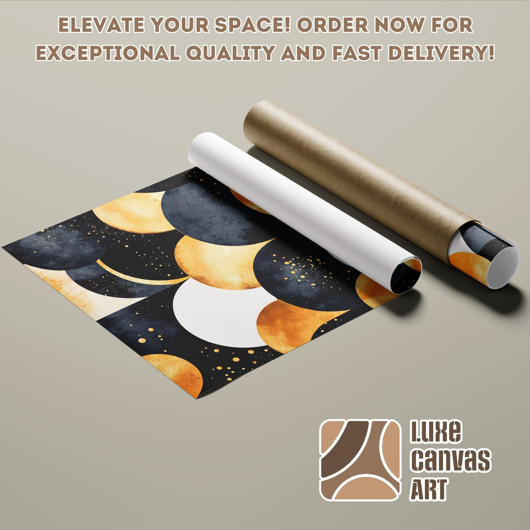 Abstract art poster roll in black, gold, and white. Modern wall decor for your home.