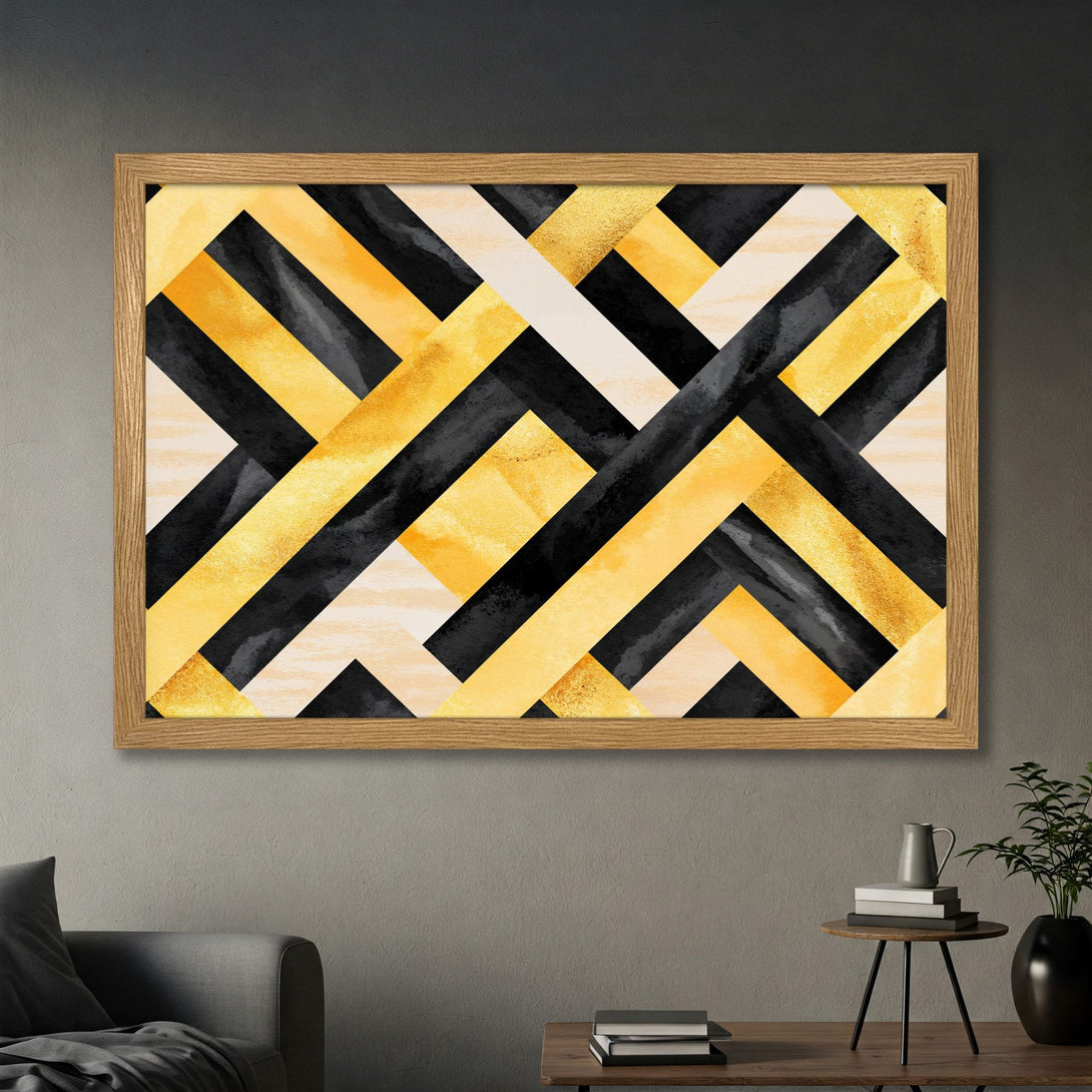 Framed Poster featuring an abstract geometric design in gold, black, and cream. Modern art print for stylish home decor.