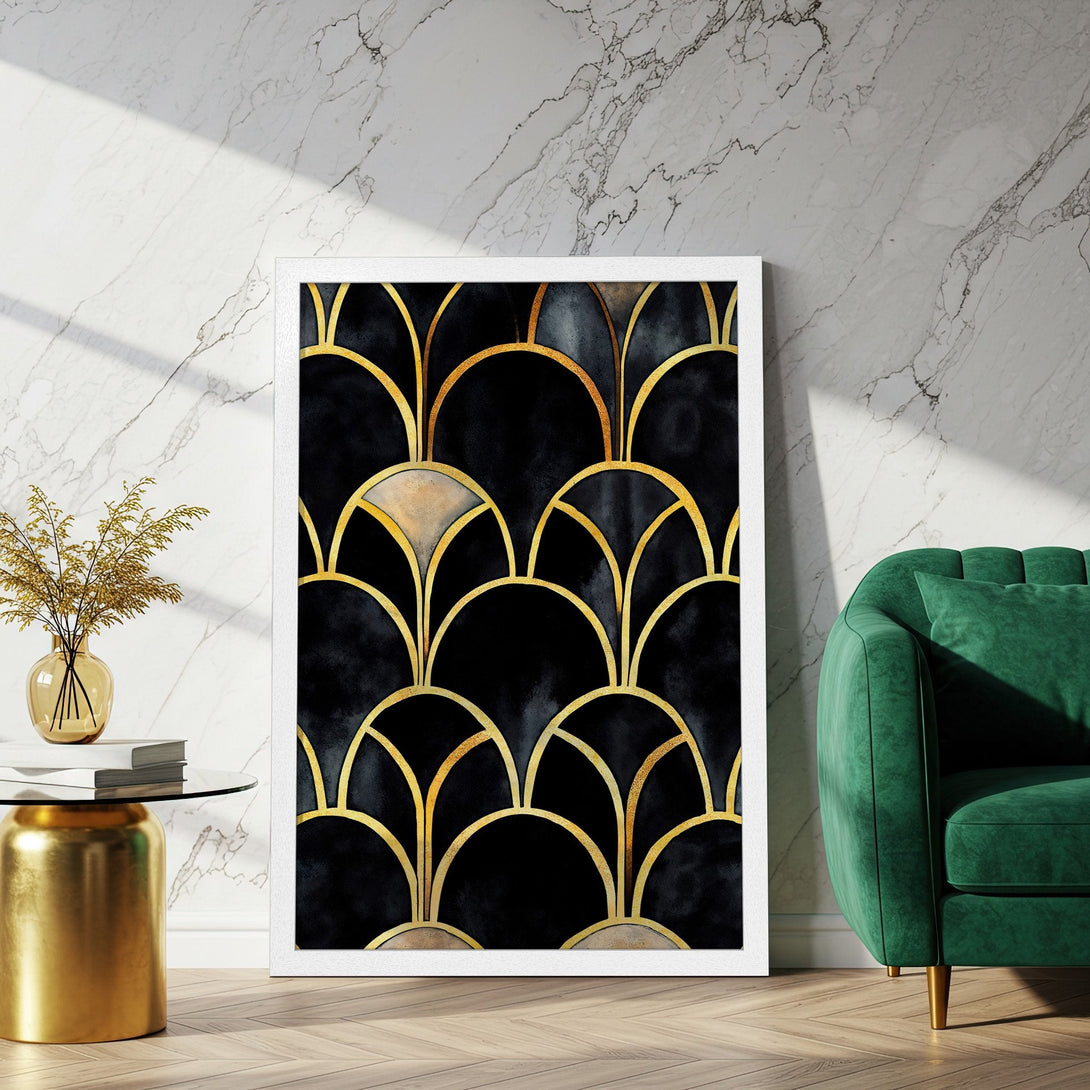 Framed Poster featuring a black and gold art deco design. A stylish addition to any home decor.