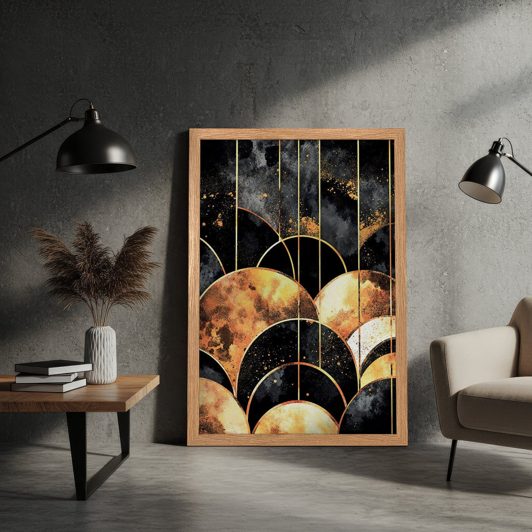 Framed Poster featuring an abstract geometric design in black, gold, and orange, perfect for modern decor.