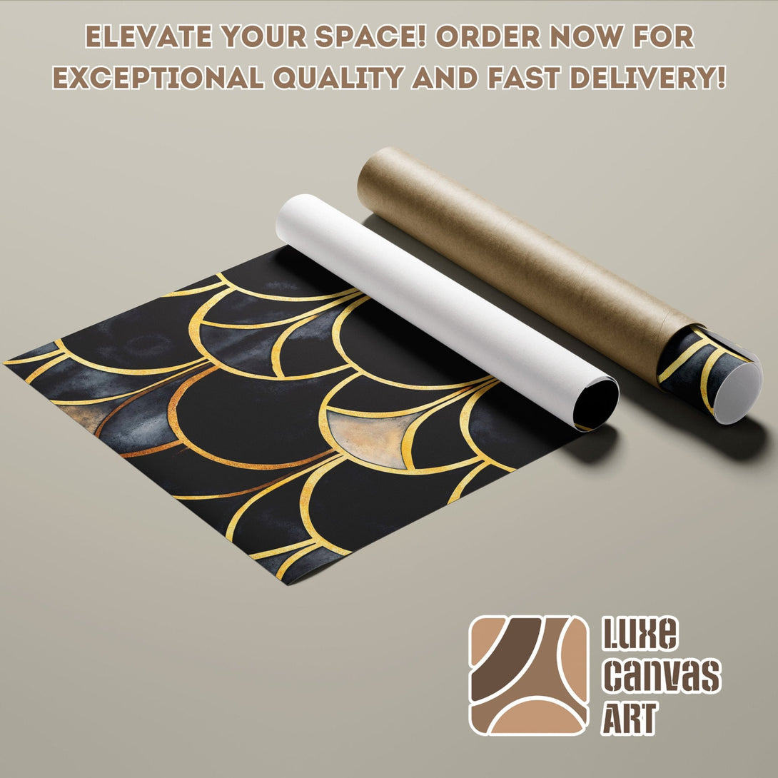 Poster Roll with abstract black & gold design. Modern art, neutral color palette. Elevate your decor!