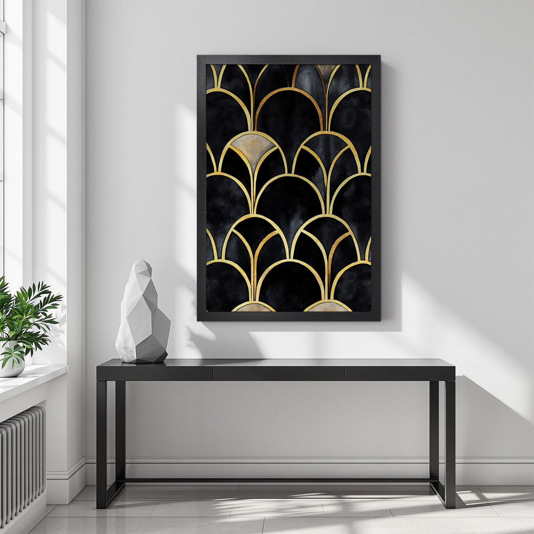 Framed Poster featuring an art deco design in black, gold, and neutral tones. Elevate your space with this stylish wall art!