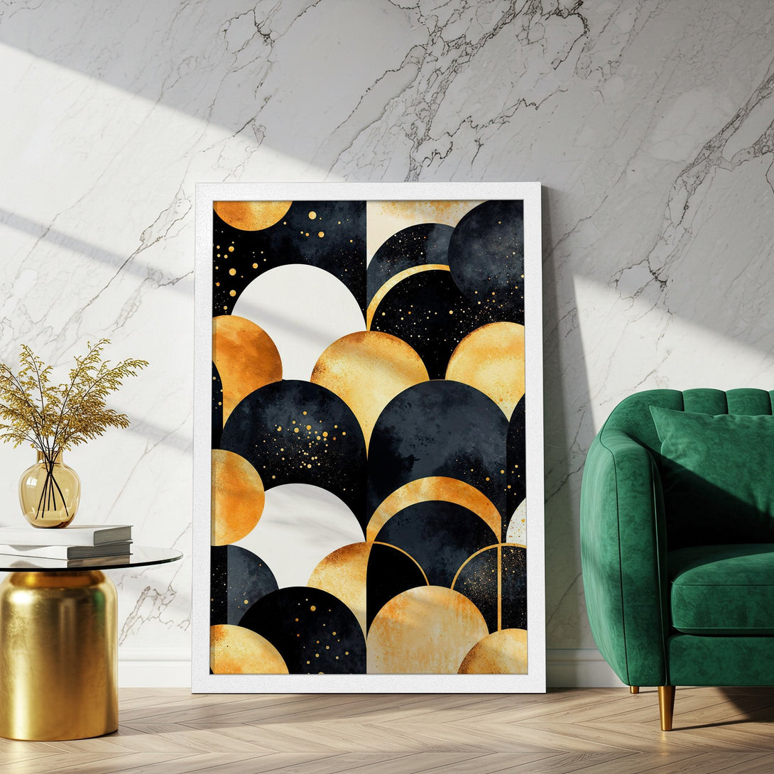 Framed Poster featuring abstract geometric art in gold, black, and white. Modern wall decor for a stylish home.