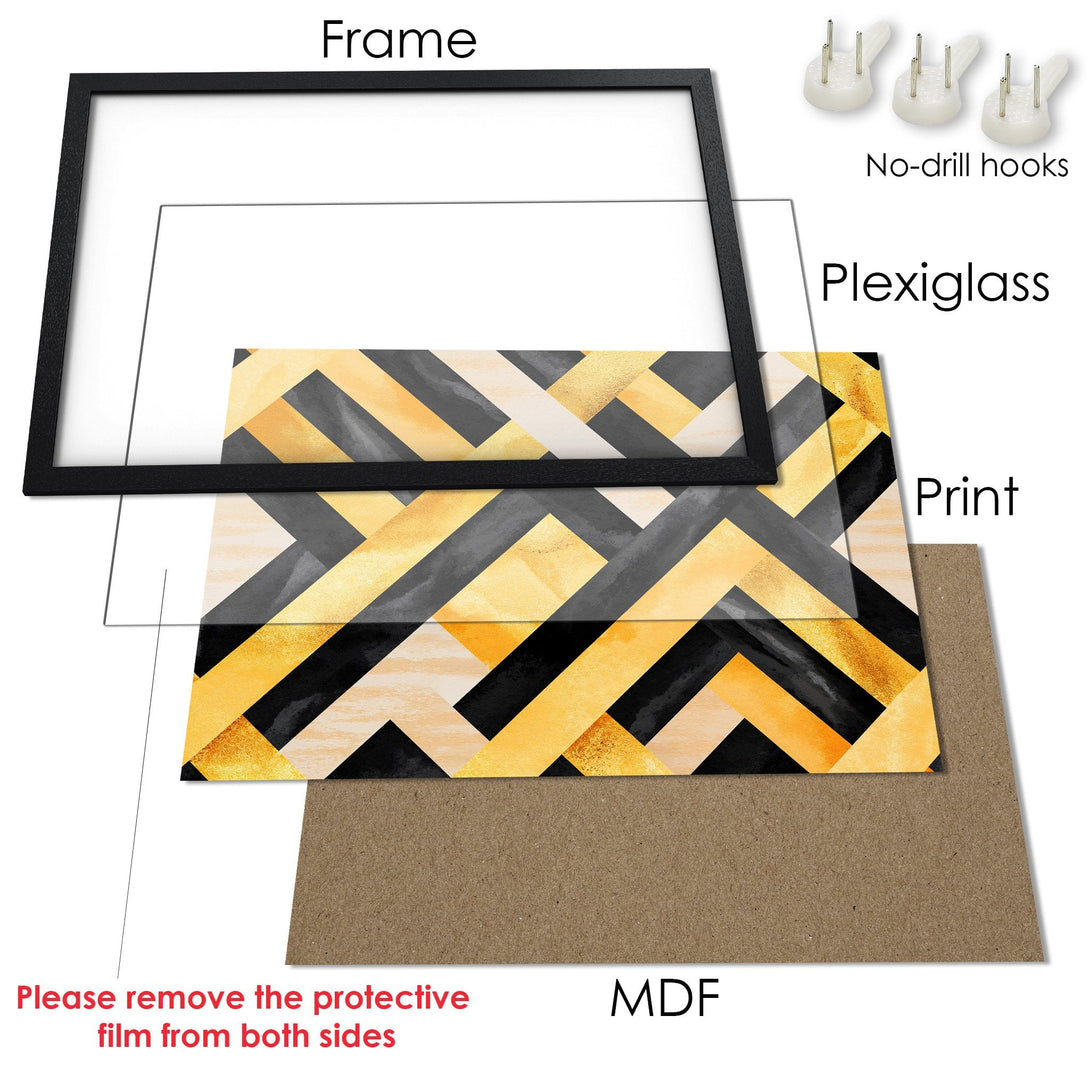 Framed Poster with geometric design in black, gold, and gray. Modern art for your home!