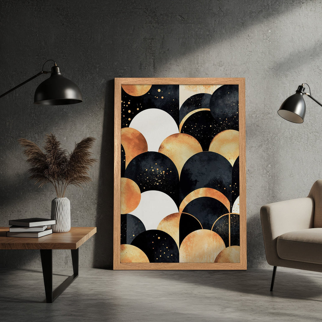 Framed Poster featuring a geometric abstract design in a black, gold, and white color palette. Modern art print for home decor.