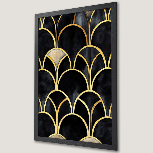 Framed Poster featuring an Art Deco design in black, gold, and beige. Perfect wall art to elevate your space!