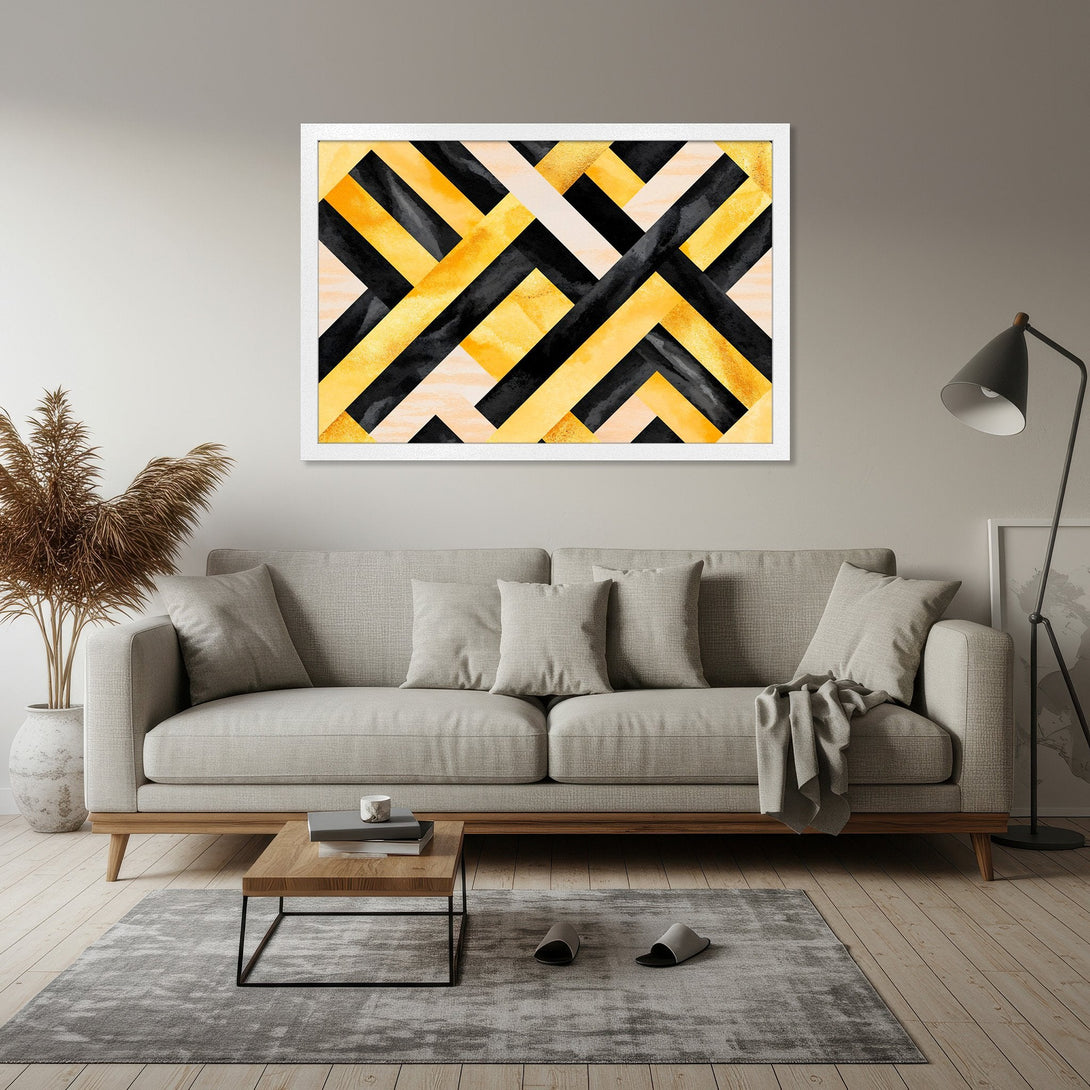 Framed Poster featuring abstract geometric design in black, yellow, and gold. Modern art print for home decor.