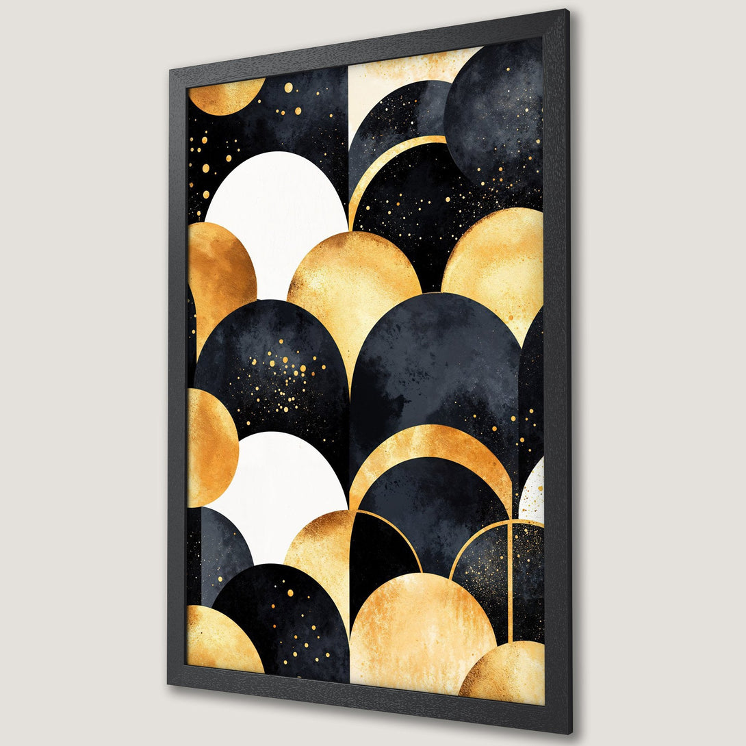 Framed Poster: Abstract geometric art in black, gold, and white. Modern wall decor, perfect for any space. Shop now!