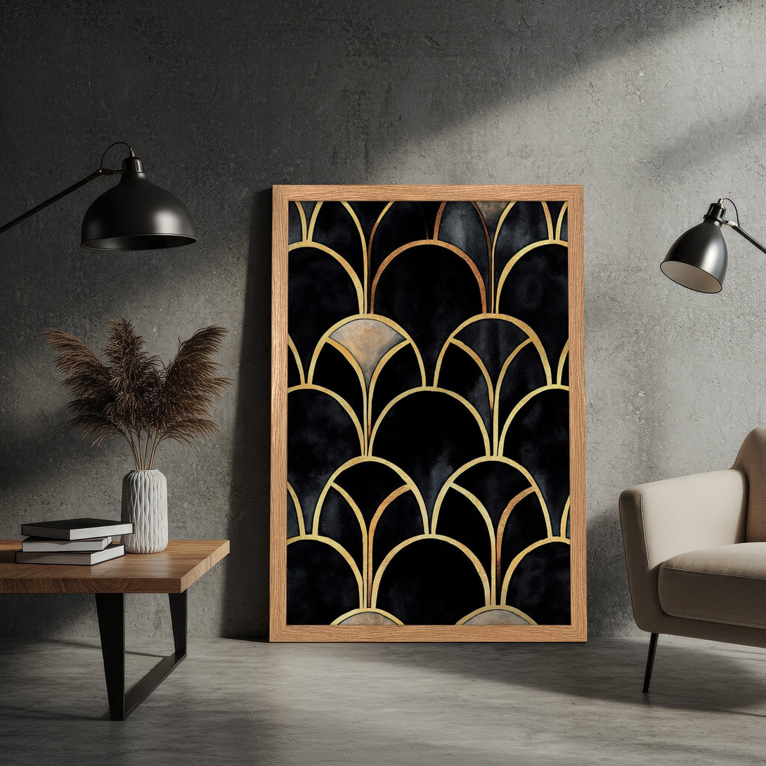 Framed Poster featuring an Art Deco design in black and gold, perfect for modern home decor.
