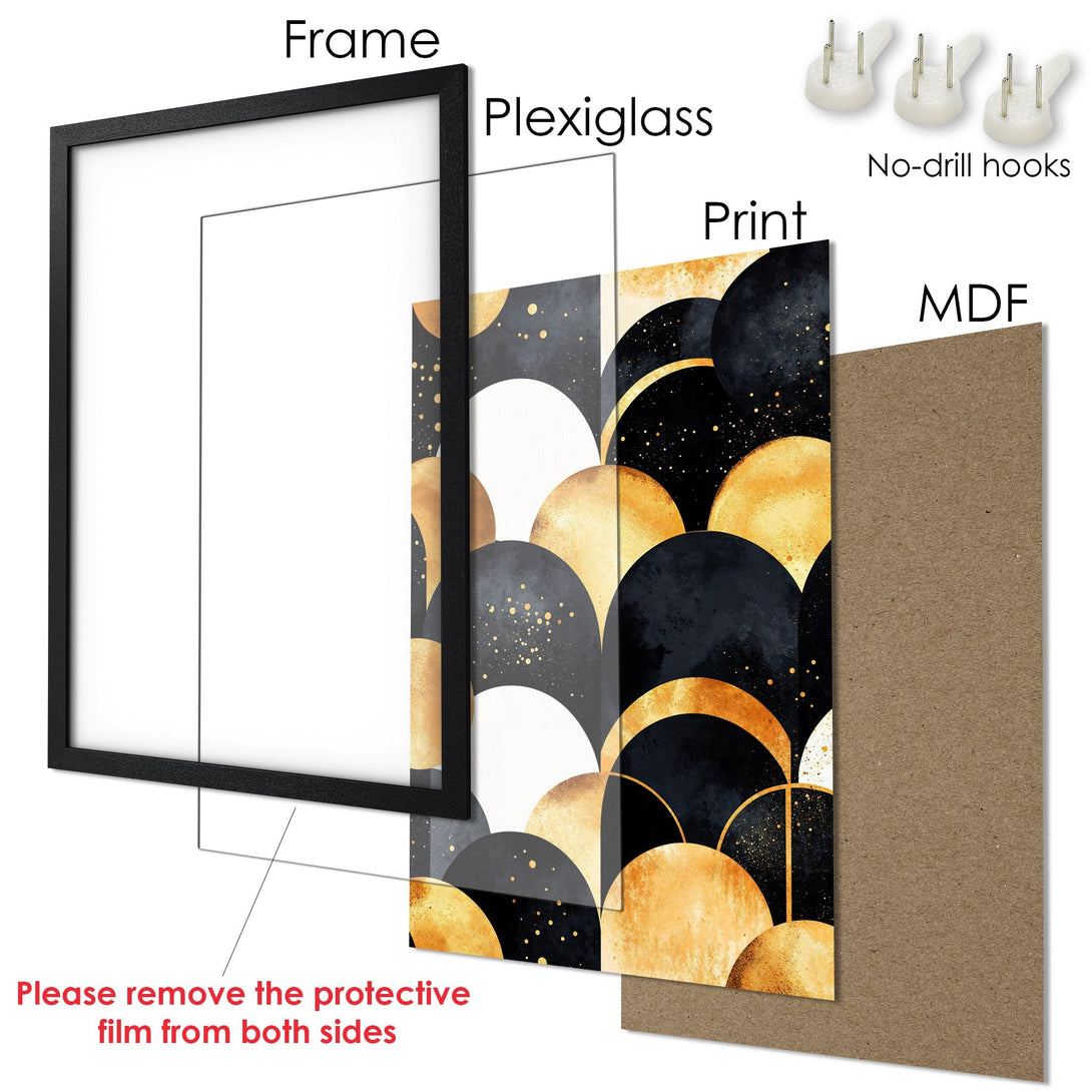 Framed Poster: Abstract geometric art in black, gold, and white. Modern wall decor. Ready to hang.