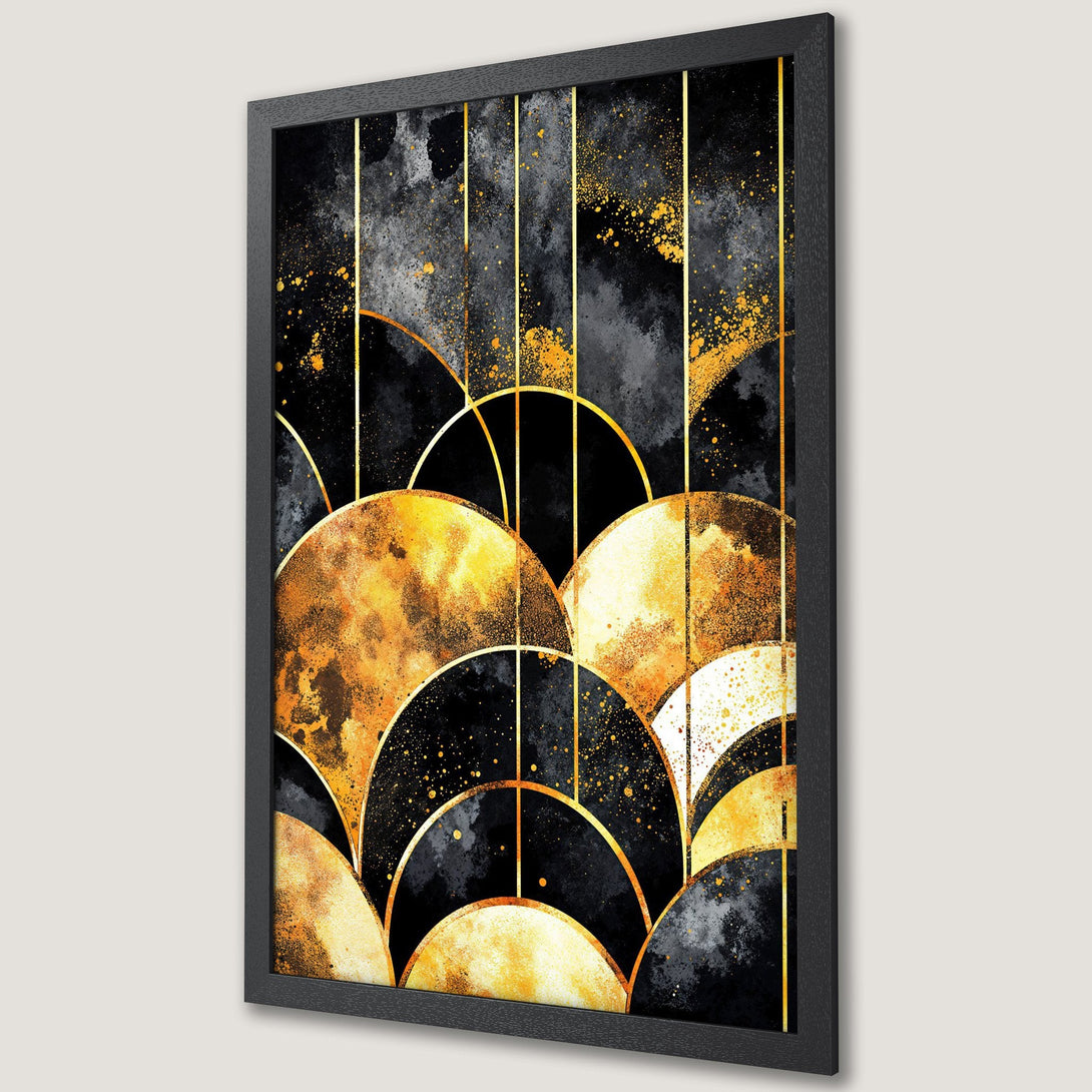 Framed Poster featuring abstract art with gold and black geometric design. Modern art print with a luxurious color palette.