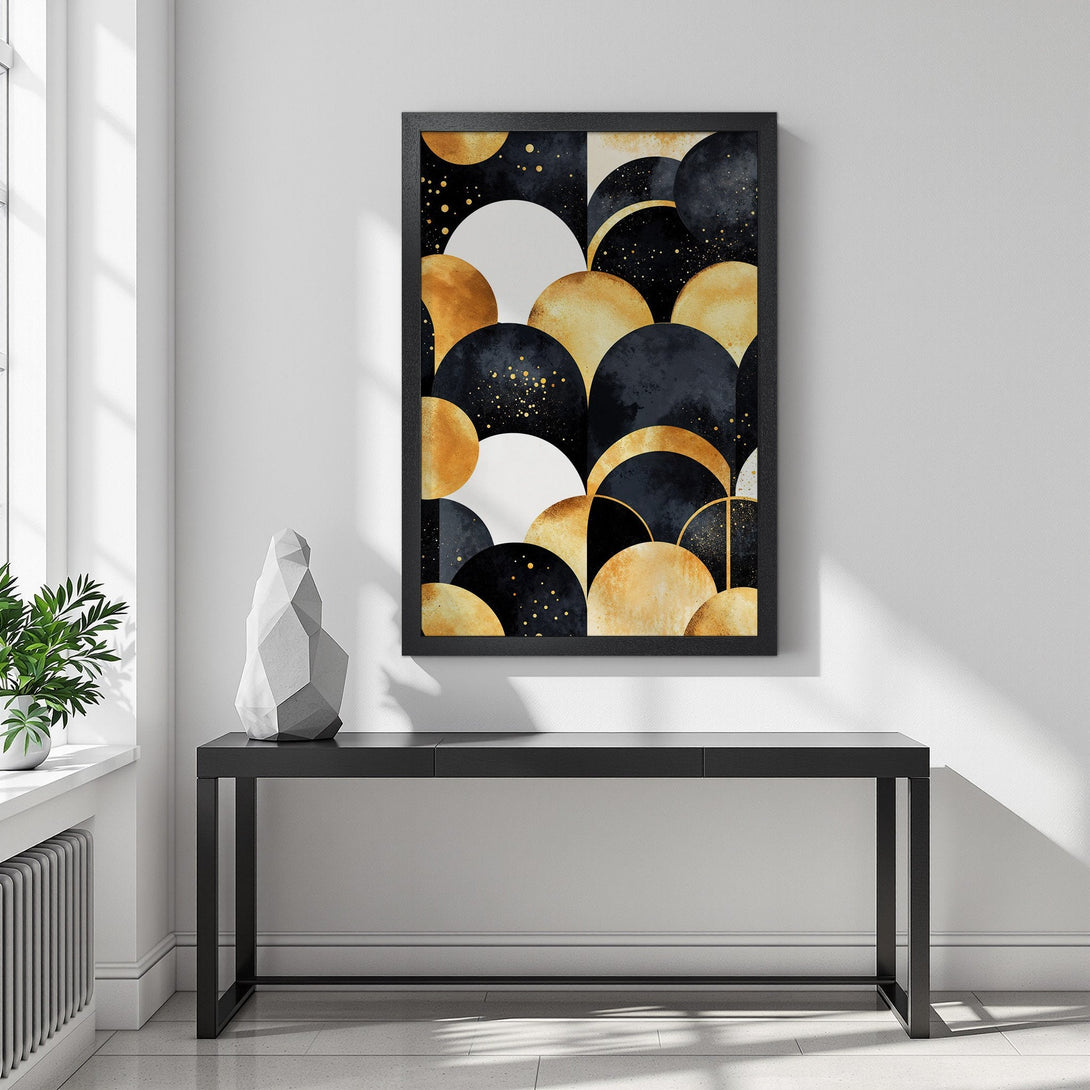Framed Poster featuring an abstract geometric design in black, gold, and white. Modern art style, perfect for home decor.