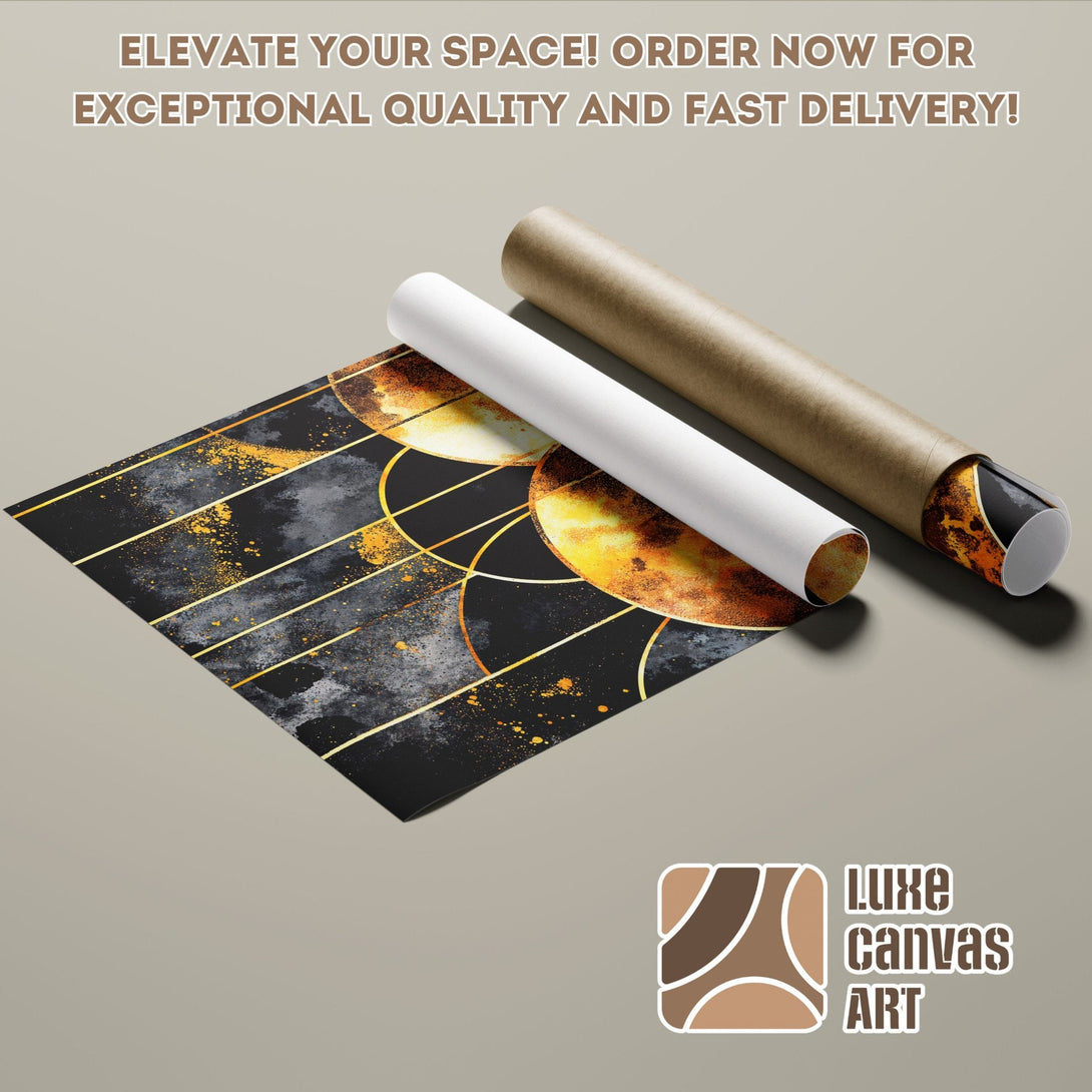 Abstract art Poster Roll with gold, black, and orange color palette. Elevate your space! Order now!
