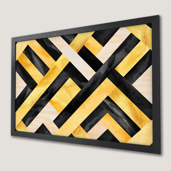 Framed Poster featuring a geometric abstract design in gold, black, and cream color palette, perfect wall art.