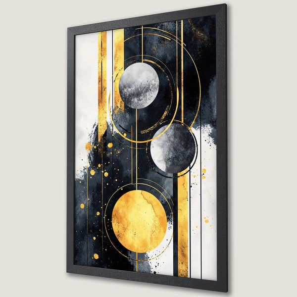 Framed Poster featuring abstract geometric art with gold, black, and white color palette. Modern wall art for home decor.