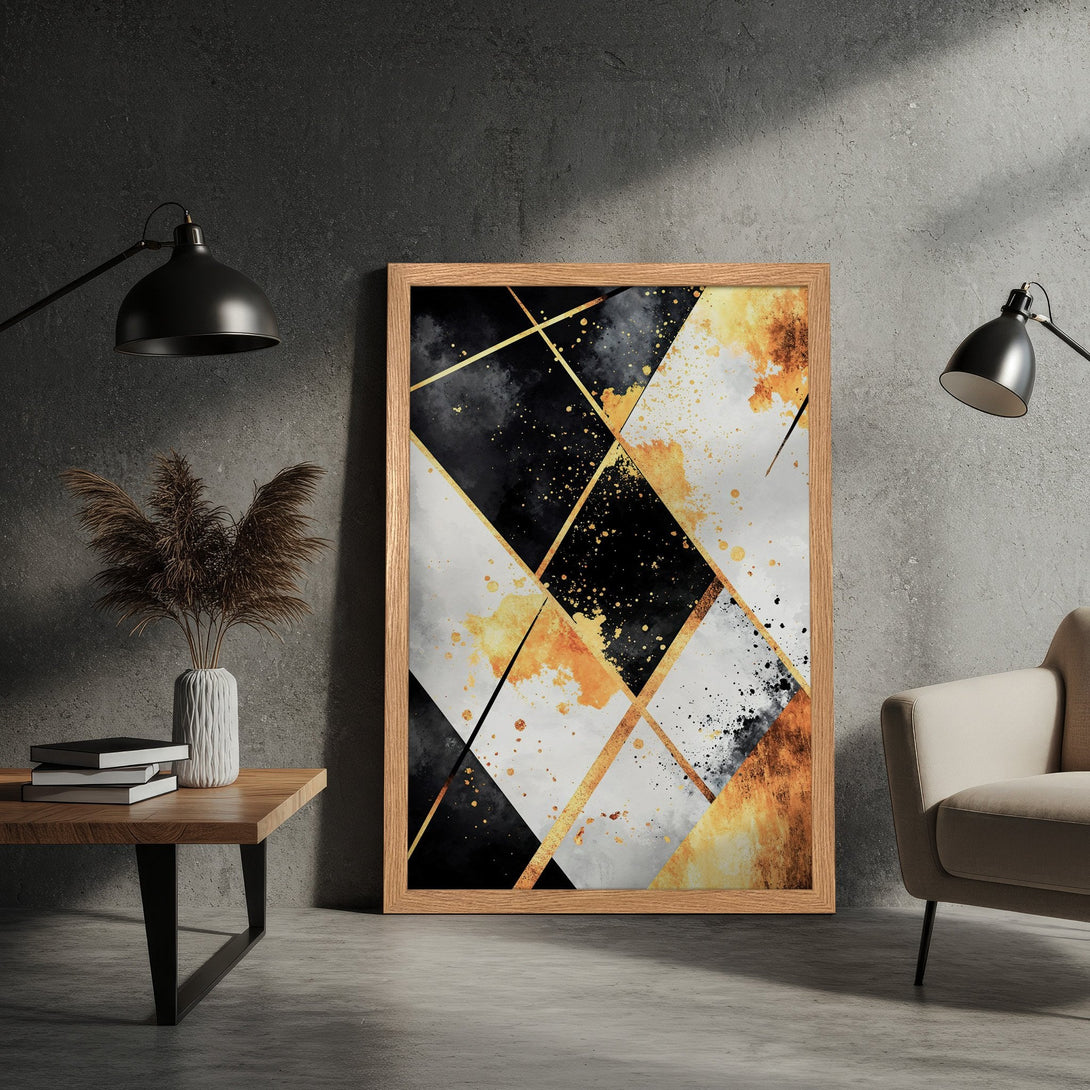 Framed Poster featuring abstract geometric art in black, white, and gold. Modern wall art decor.