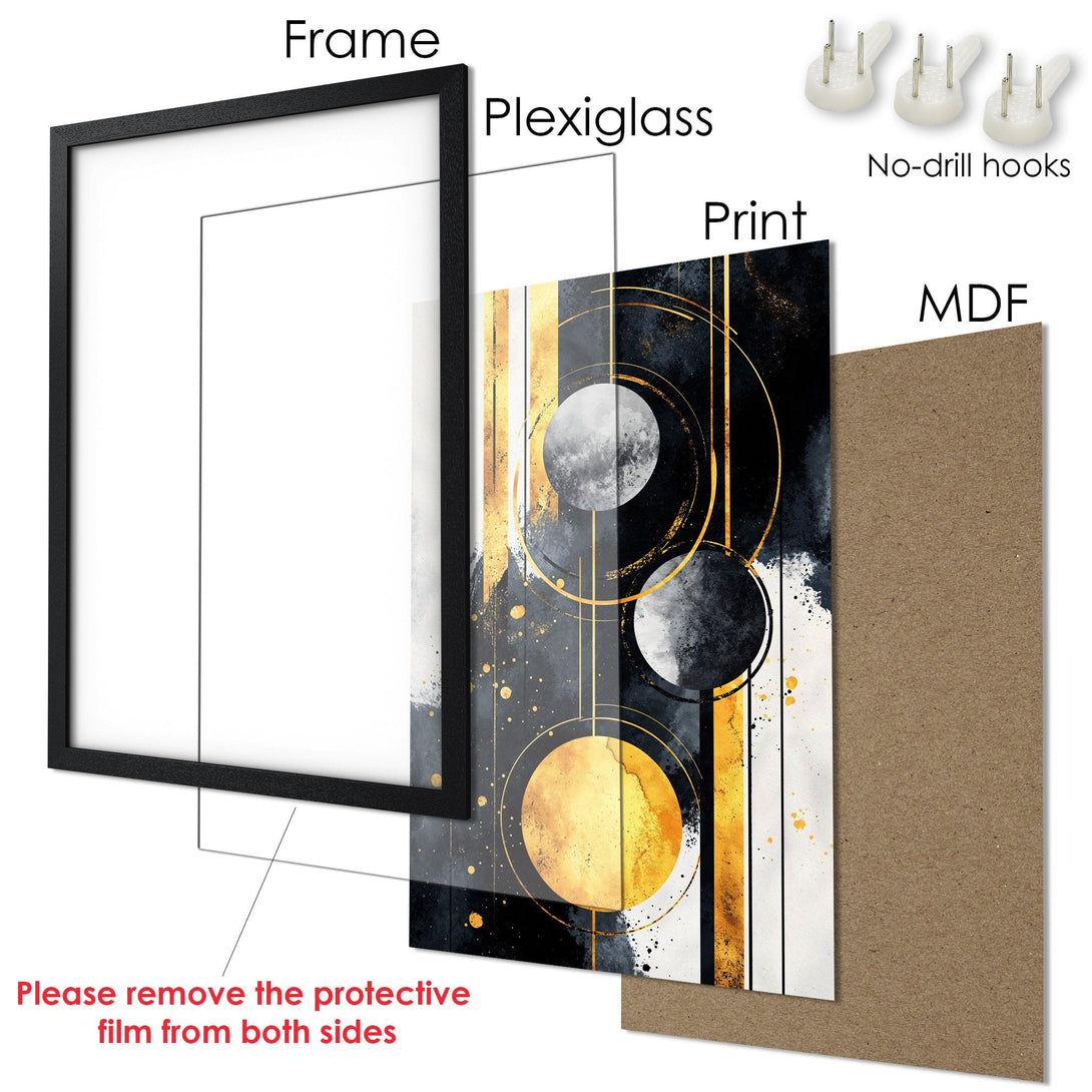 Framed Poster with abstract art in black, gold, and white. Modern style, ready to hang. Enhance your space with this art print.