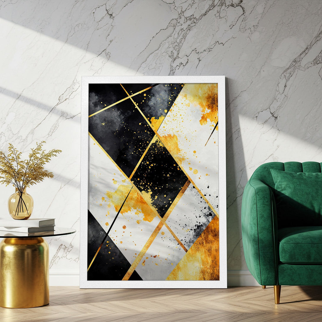 Framed Poster featuring abstract geometric art in black, gold, and white, perfect for modern home decor.