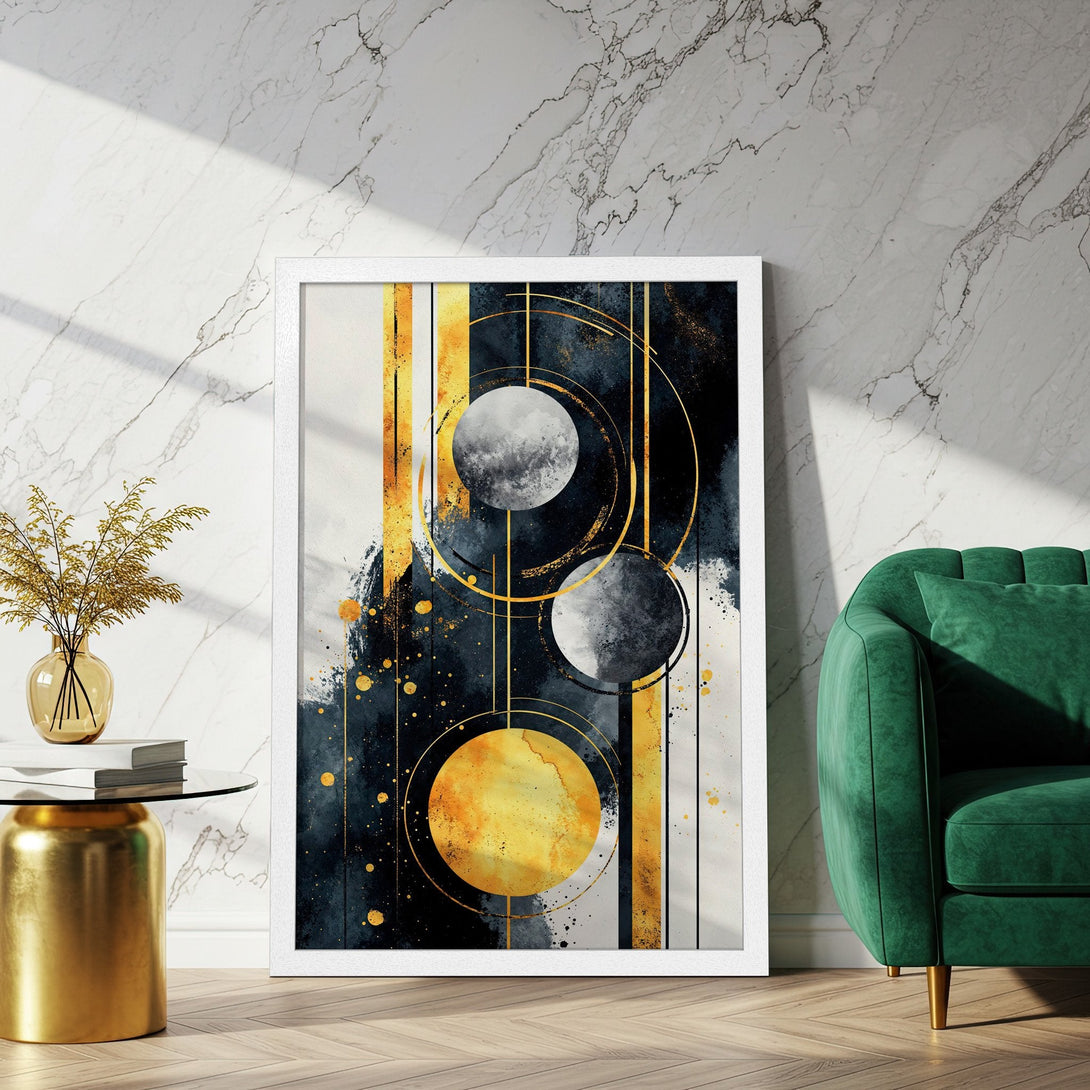 Framed Poster featuring abstract celestial art in gold, navy, and gray tones. Modern wall decor for a stylish home.