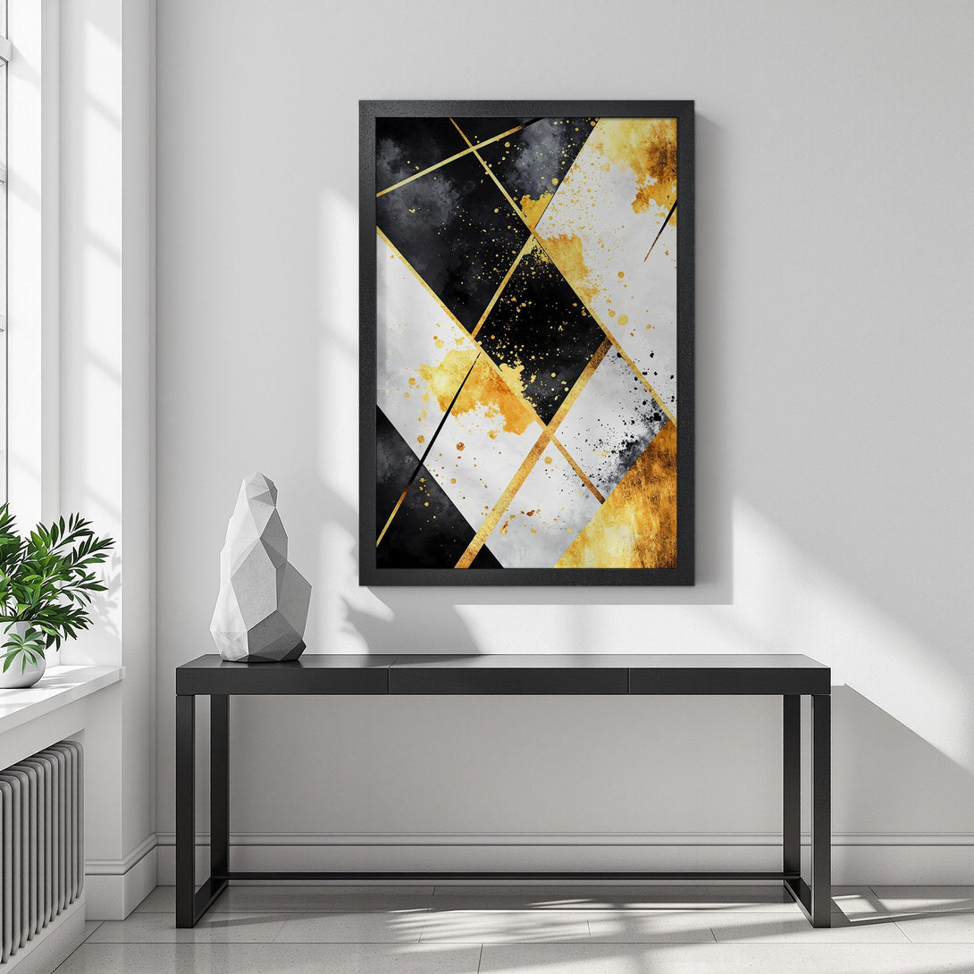 Framed Poster featuring abstract geometric art in black, white, and gold. Modern art print for home decor.