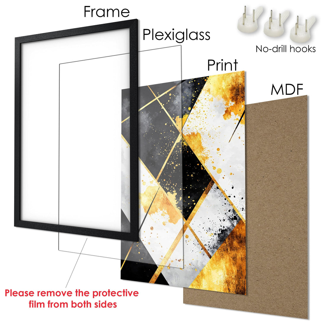 Framed Poster with abstract geometric art in gold, black, and gray. Modern wall art for your home decor.