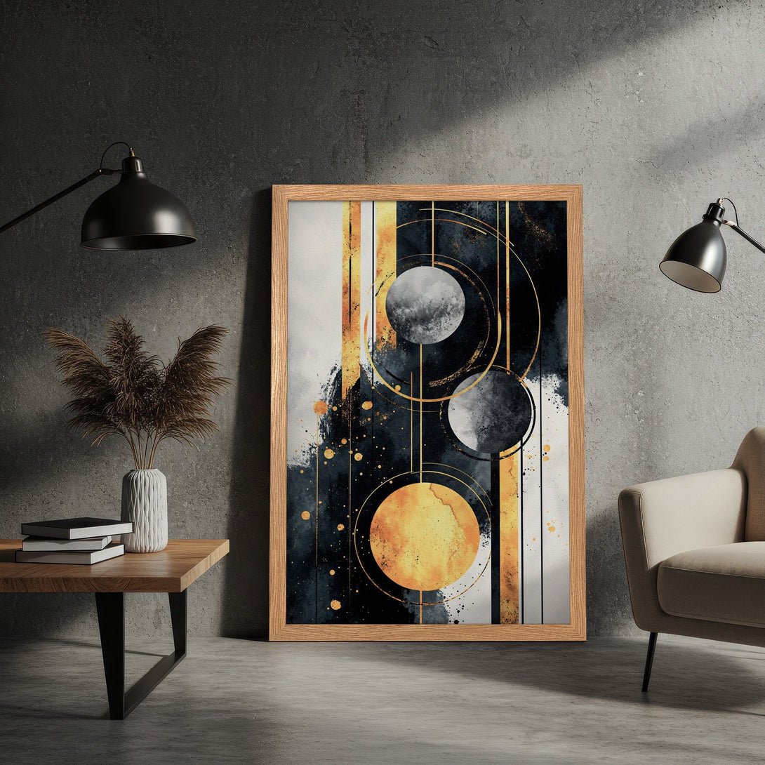 Framed Poster featuring an abstract design with circles, gold accents, and a black and white color palette. Modern art for your home.