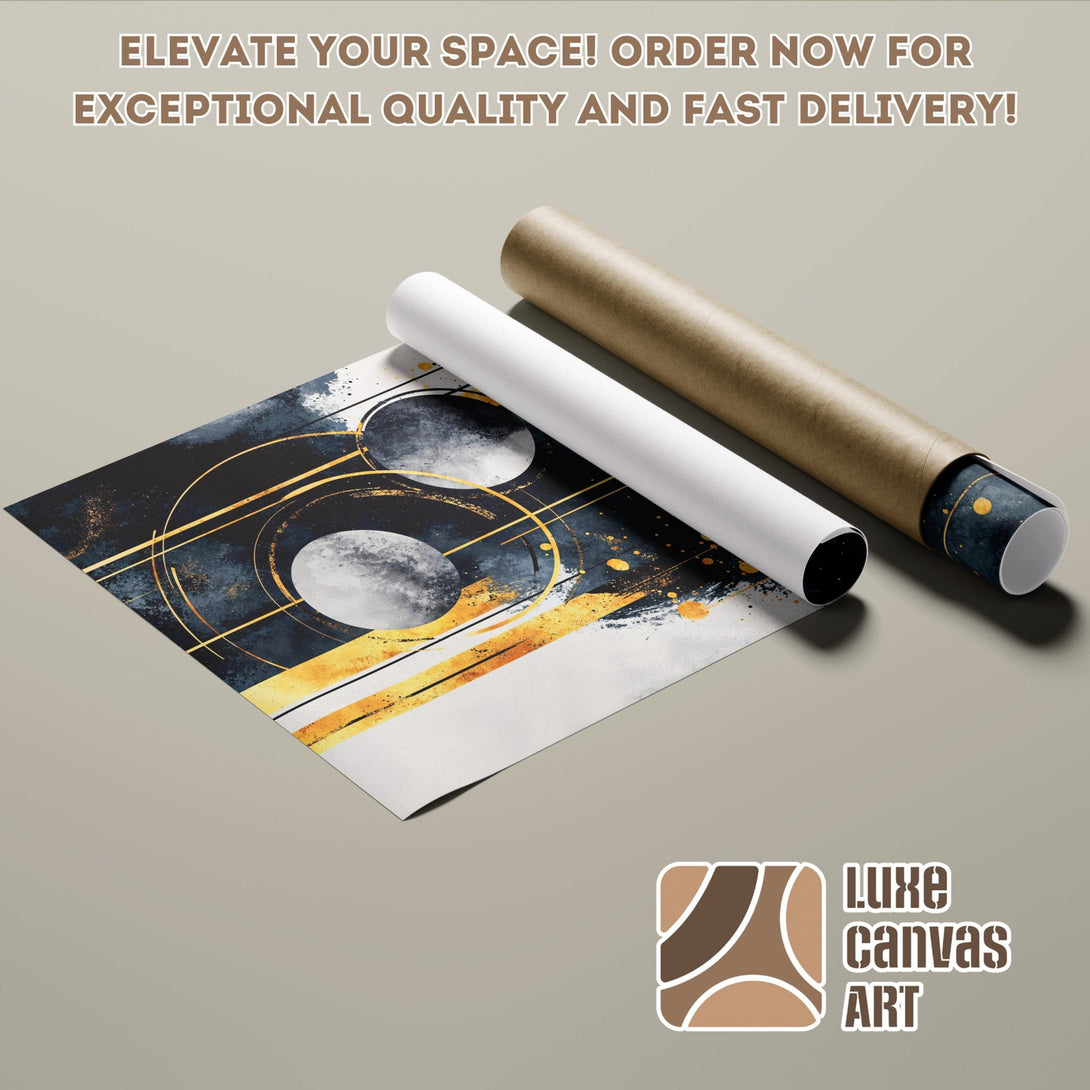 Abstract art poster roll with navy, gold, and white color palette. Elevate your space with this modern poster!