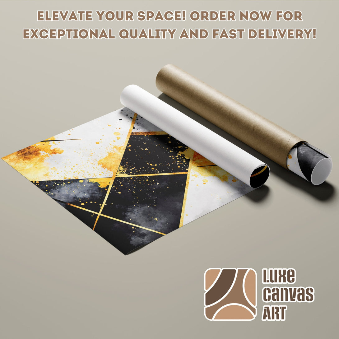 Abstract geometric poster roll in black, gold, and white. Modern art for your space!