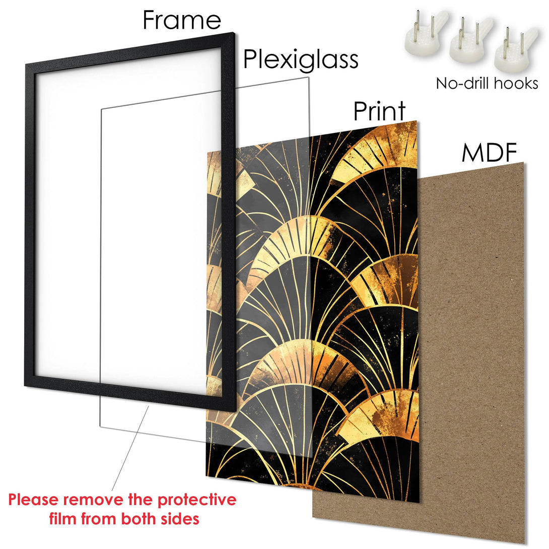 Framed Poster with Art Deco design in black and gold. Elegant wall art for any space. Ready to hang!
