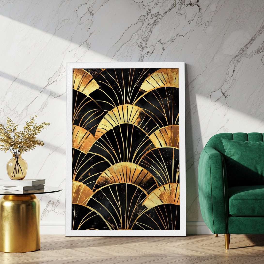 Framed Poster featuring Art Deco design in black and gold. Stylish wall art for your home.