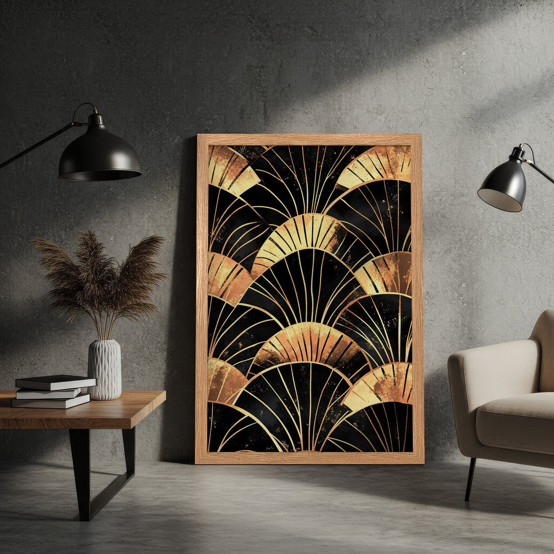 Framed Poster with Art Deco design in black and gold. Stylish wall art for modern home decor.