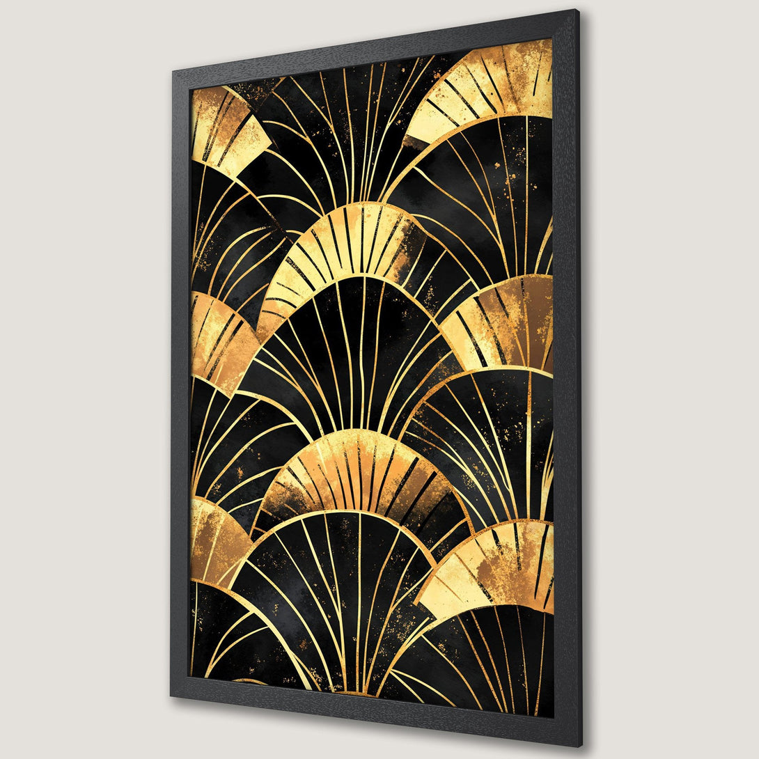Framed Poster featuring a gold and black art deco design. Stylish wall art with a luxurious gold and black color palette. Perfect for home decor.