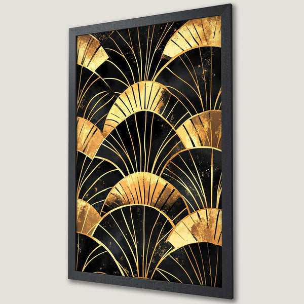 Framed Poster featuring a gold and black art deco design. Stylish wall art with a luxurious gold and black color palette. Perfect for home decor.