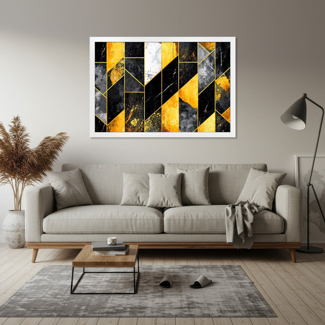 Framed Poster featuring abstract geometric art in black, gold, and gray color palette. Modern wall decor for any space.