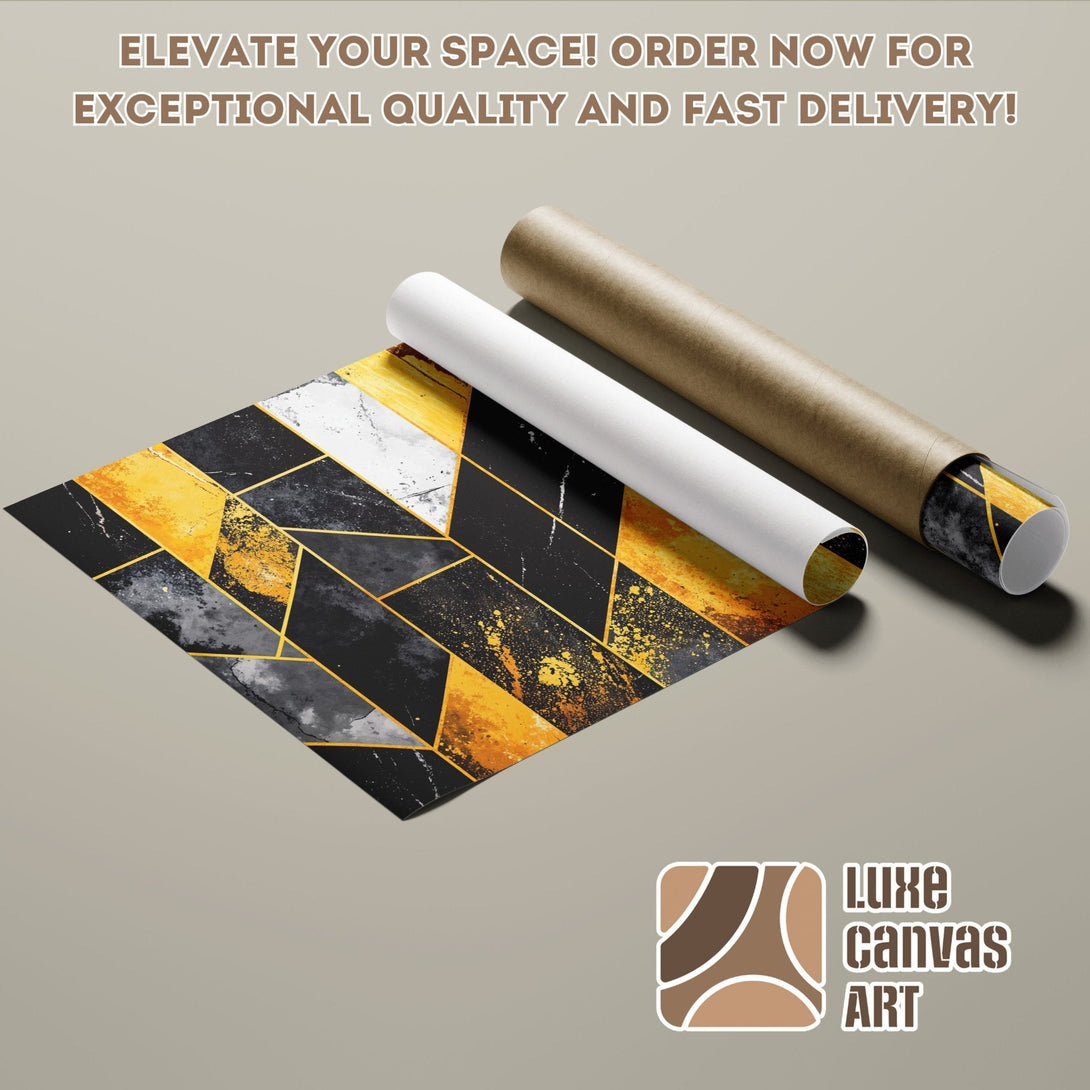 Abstract geometric Poster Roll art in black, gold, and gray. Elevate your space!