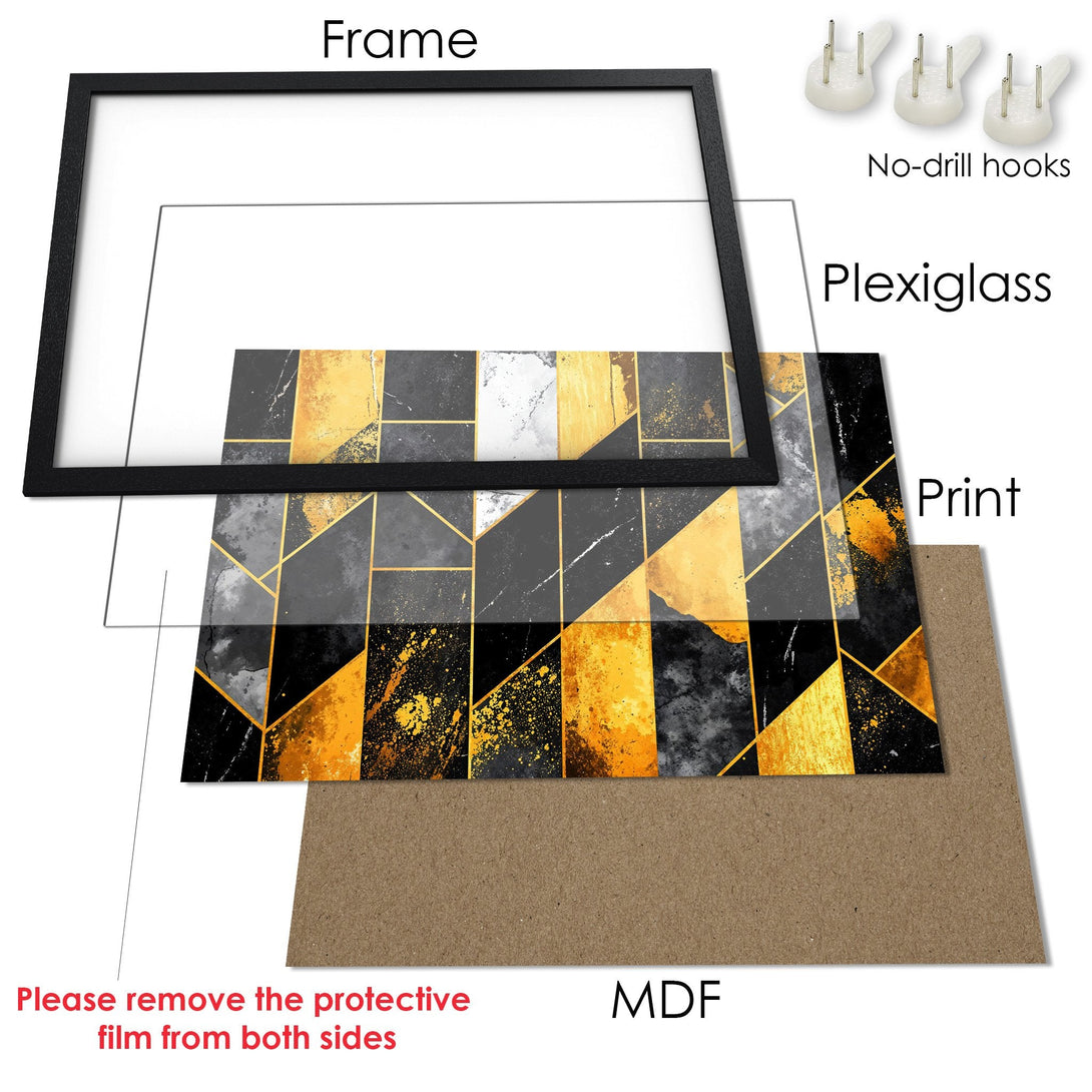 Framed Poster featuring a modern geometric design in gold, black, and gray. Elevate your space with this stylish art print.