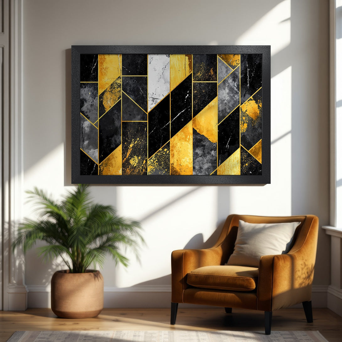 Framed Poster featuring abstract geometric art in black, gold, and gray. Modern wall art for home decor.