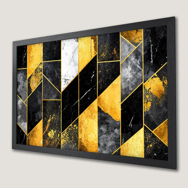 Framed Poster featuring a modern geometric design in black, gold, and gray. Perfect wall art for any room!