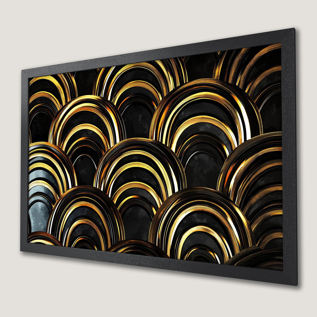 Framed Poster featuring a modern, abstract design with black and gold geometric shapes. Perfect for adding a touch of luxury!