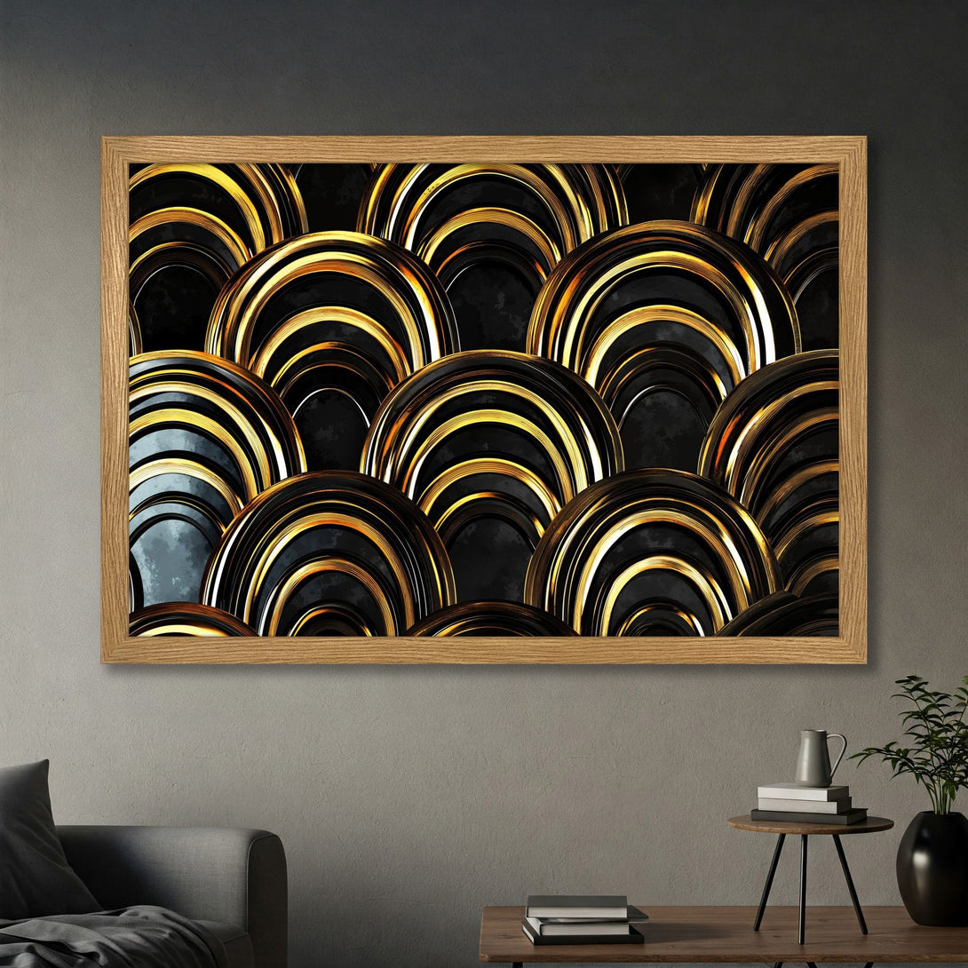 Framed Poster featuring an abstract art deco design with gold and black circular patterns. Modern wall art in a luxurious style.