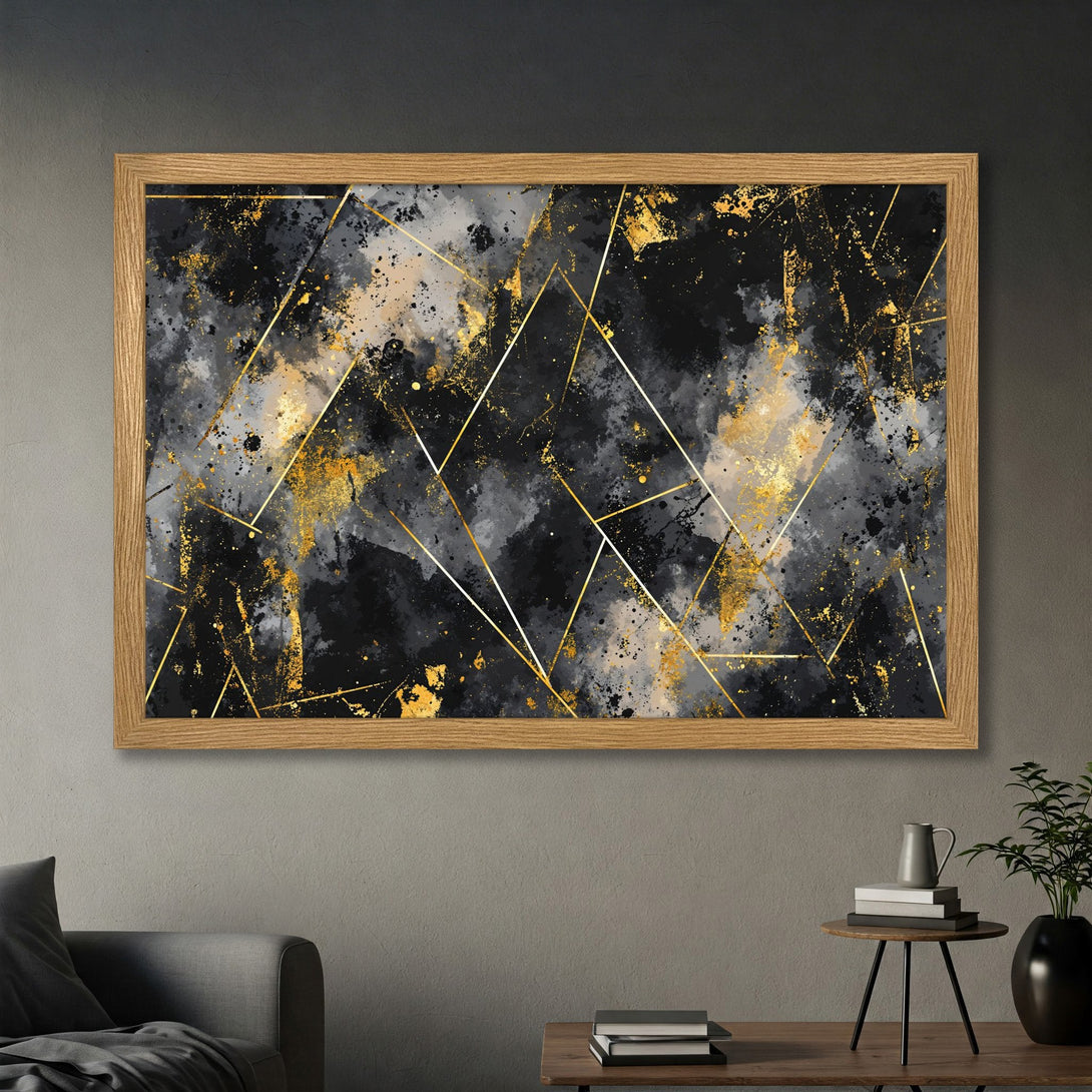 Framed Poster. Abstract art with gold geometric lines on a black, gray, and gold color palette. Modern wall decor for your home.