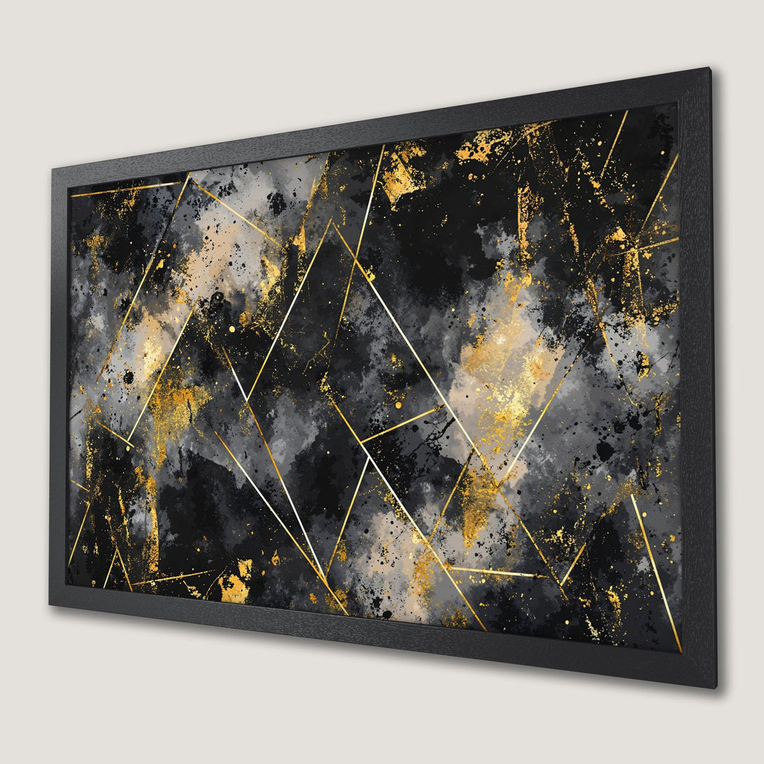 Framed Poster featuring abstract gold geometric design on a black, gray, and gold color palette. Modern wall art for your home.
