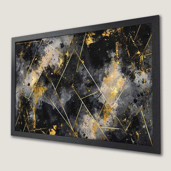 Framed Poster featuring abstract gold geometric design on a black, gray, and gold color palette. Modern wall art for your home.
