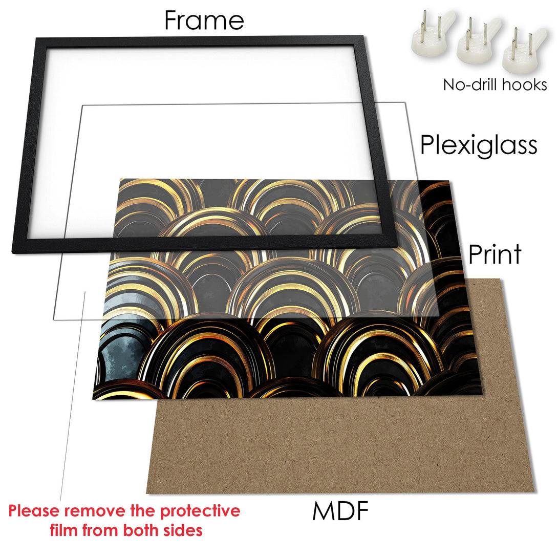 Framed Poster with abstract gold and black design. Modern art print, perfect for home decor.