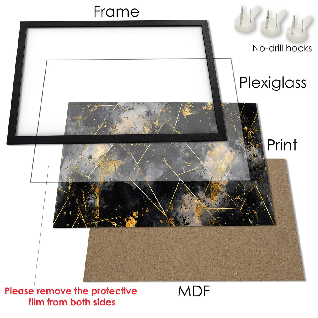 Framed Poster with abstract geometric art in black, gold, and gray. Modern wall decor for your home.