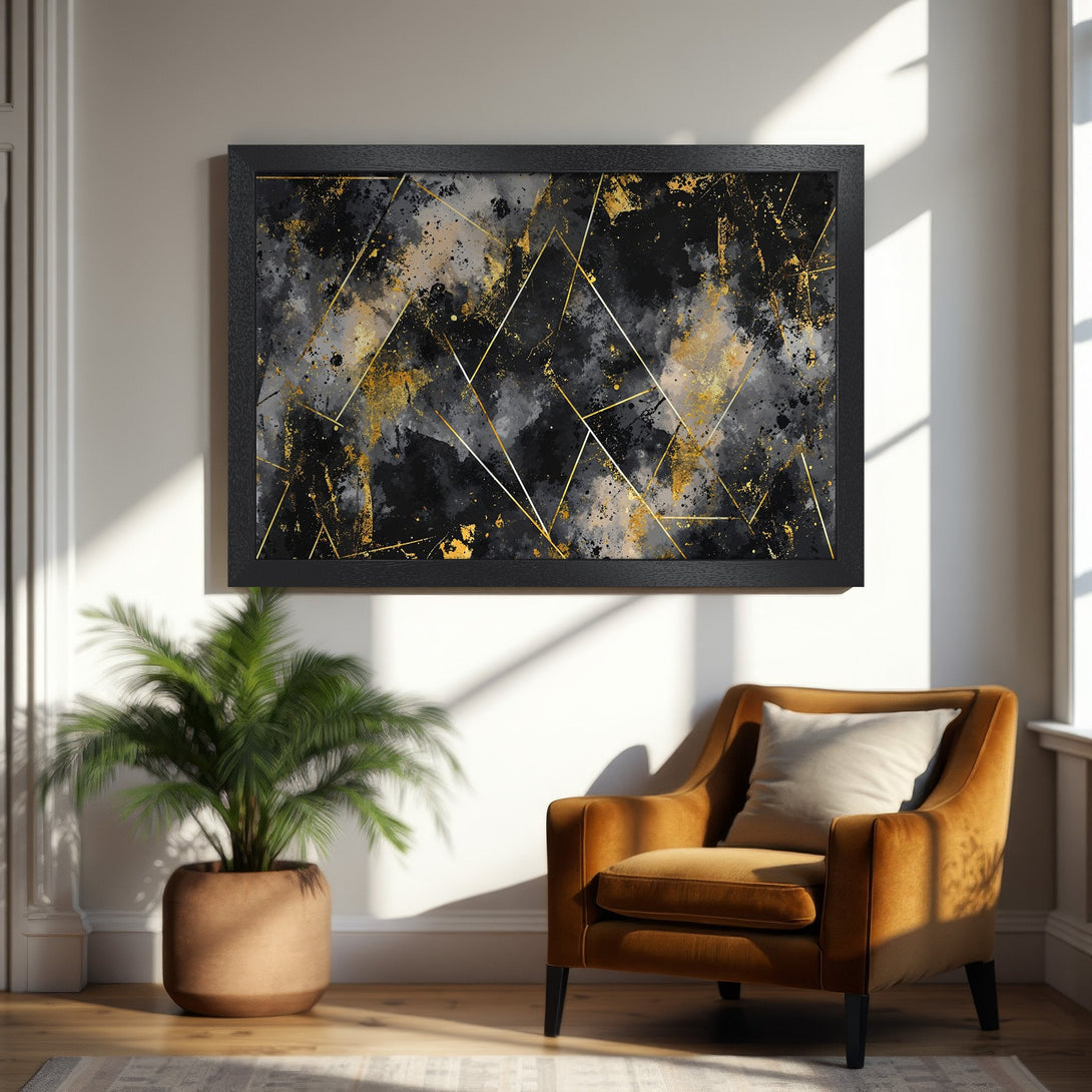 Framed Poster: Abstract art with gold geometric lines on a black and gray background. Modern decor, elegant style.