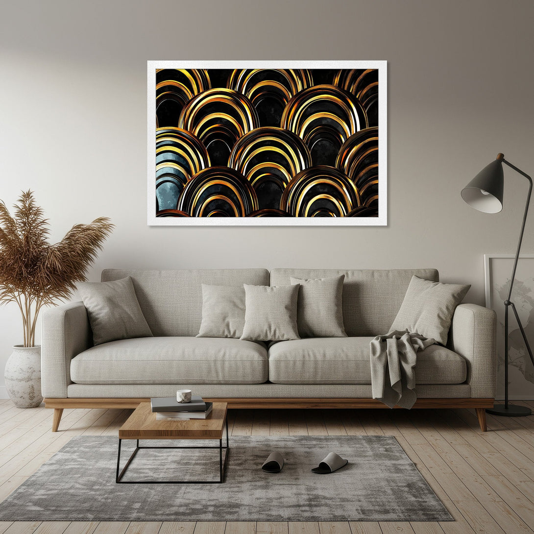 Framed Poster featuring abstract gold and black design. Modern art print with a luxurious color palette for stylish home decor.